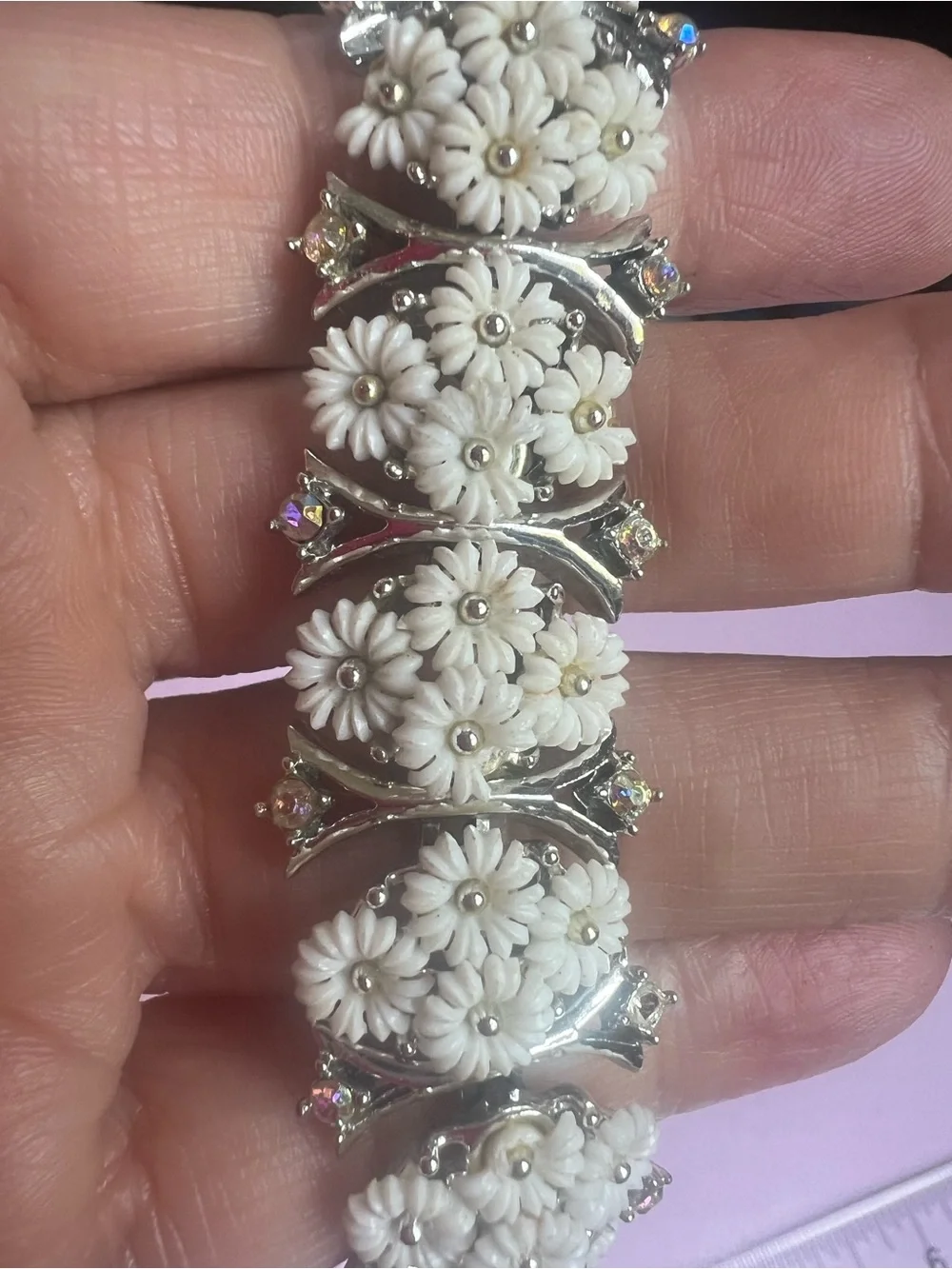 Vintage Daisy Rhinestone Demi-Parure, Molded Daisy Set, Mid-Century Silver-Tone